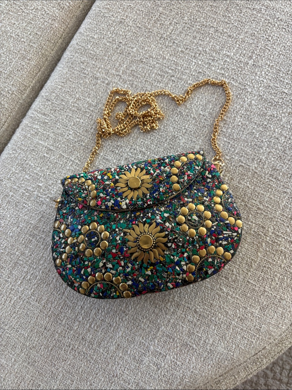 Multicolor Ramla Mosaic Beaded Crossbody with Gold Floral Studs